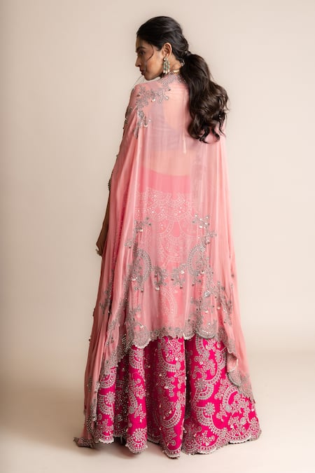Shop_Nupur Kanoi_Fuchsia Crepe, Canvas, Satin, Asymmetric Hem Cape And Embroidered Lehenga Set _at_Aza_Fashions