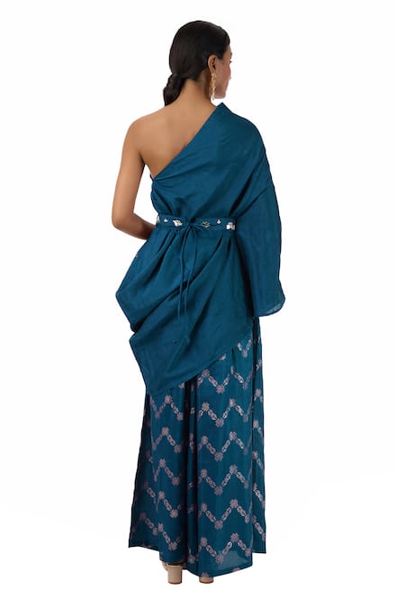 Shop Meghna Shah Blue Denim, Silk Beads, Stones One Shoulder Hand Embroidered Top And Pant Set at Aza Fashions Shop_Meghna Shah_Blue Denim, Silk Beads, Stones One Shoulder Hand Embroidered Top And Pant Set _at_Aza_Fashions