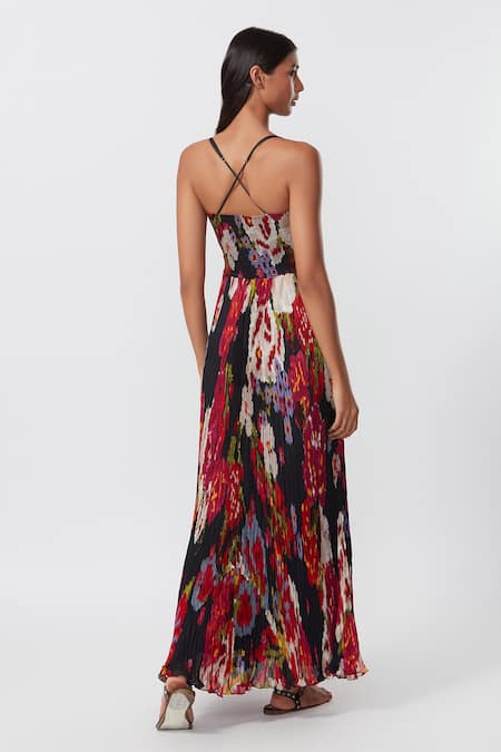 Shop_Saaksha & Kinni_Black Chiffon Embroidery Sweetheart Neck Hand Micro Pleated Printed Dress _at_Aza_Fashions