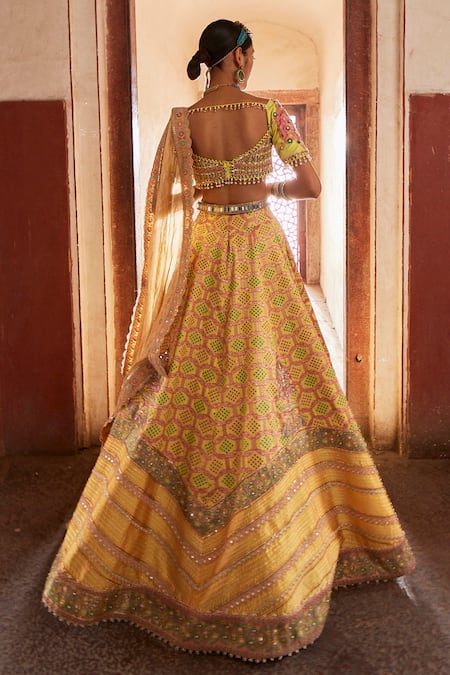 Shop_Aditi Gupta_Yellow Brocade, Silk Pearls, Beads, Bandhani Banarasi Pattern Bridal Lehenga Set _at_Aza_Fashions