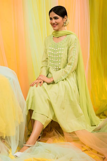 Shop Kacha Tanka Blue Anarkali And Pant Cotton Voile Hand Embroidery Tonal Bead Shell Yoke Set at Aza Fashions Shop_Kacha Tanka_Blue Anarkali And Pant Cotton Voile Hand Embroidery Tonal Bead Shell Yoke Set _at_Aza_Fashions