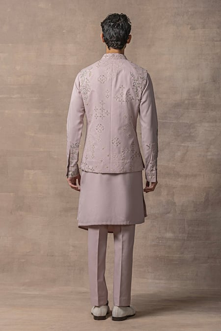 Shop Sarab Khanijou Purple Crepe Embroidery Applique Work Waist Coat And Panelled Kurta Set at Aza Fashions Shop_Sarab Khanijou_Purple Crepe Embroidery Applique Work Waist Coat And Panelled Kurta Set _at_Aza_Fashions