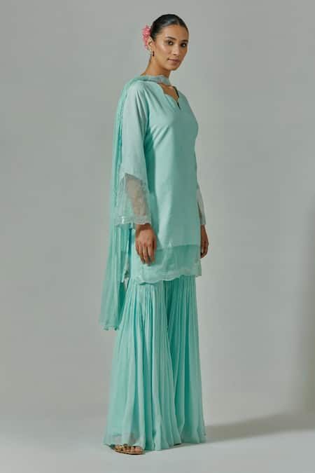 Shop House Of TA-YA Blue Chanderi, Georgette, Chiffon Embroidery Sweetheart Hand Kurta Gharara Set at Aza Fashions Shop_House Of TA-YA_Blue Chanderi, Georgette, Chiffon Embroidery Sweetheart Hand Kurta Gharara Set _at_Aza_Fashions