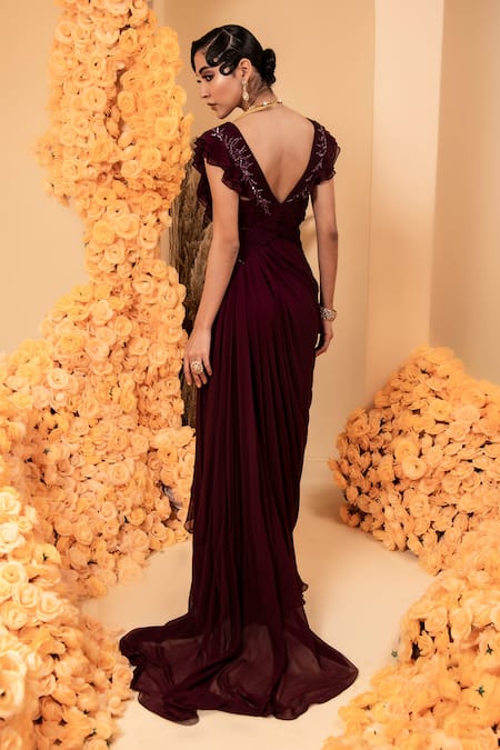 Shop_Adi By Aditya Khandelwl_Wine Georgette Crystals, Beads V-neck Draped Gown _at_Aza_Fashions