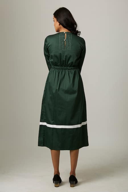 Shop Escape By Aishwarya Green Cotton Satin Embroidery Round Neck Long Sleeve Dress at Aza Fashions Shop_Escape By Aishwarya_Green Cotton Satin Embroidery Round Neck Long Sleeve Dress _at_Aza_Fashions