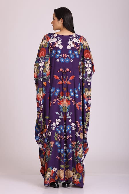 Shop Alpona Designs By Soham Acharya Blue Rayon Cotton Floral V Neck Print Gown at Aza Fashions Shop_Alpona Designs By Soham Acharya_Blue Rayon Cotton Floral V Neck Print Gown _at_Aza_Fashions