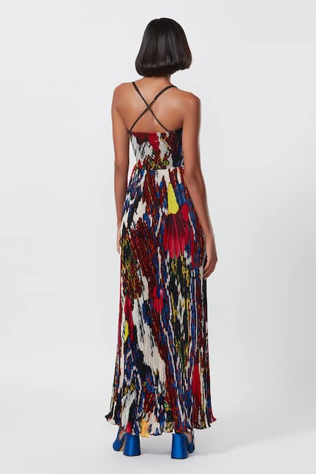 Shop_Saaksha & Kinni_Multi Color Chiffon Sweetheart Neck Abstract Floral Print Pleated Maxi Dress _at_Aza_Fashions