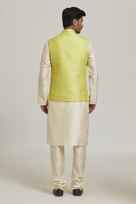 Shop Arihant Rai Sinha Yellow Silk Patchwork Bloom Woven Band Collar Bundi at Aza Fashions Shop_Arihant Rai Sinha_Yellow Silk Patchwork Bloom Woven Band Collar Bundi _at_Aza_Fashions