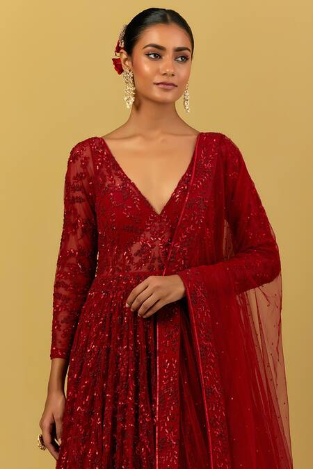 Shop Ikshita Choudhary Red Net Embroidered Floral Hand Dupatta at Aza Fashions Shop_Ikshita Choudhary_Red Net Embroidered Floral Hand Dupatta_at_Aza_Fashions