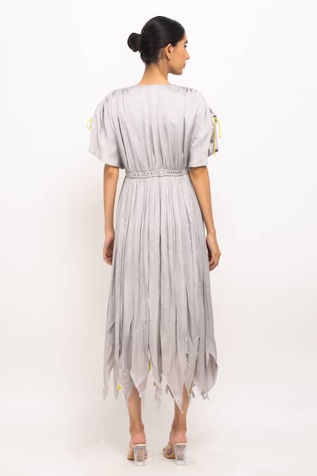 Shop_Neora By Nehal Chopra_Yellow V-neck Asymmetrical Angrakha Dress _at_Aza_Fashions