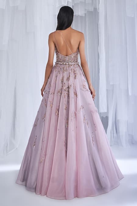 Shop Dolly J Purple Organza Crystals, Sequins Inessa And Beads Embellished Gown With Belt at Aza Fashions Shop_Dolly J_Purple Organza Crystals, Sequins Inessa And Beads Embellished Gown With Belt _at_Aza_Fashions