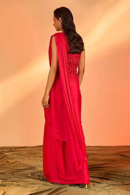 J by Jannat Pink Satin Chiffon Hand Pre-draped Saree With Jacket Blouse   2