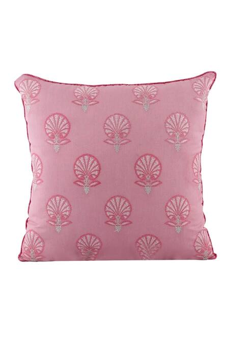 Shop Khaabka Pink Chanderi Silk Embroidery Lotus Cushion Cover - Set Of 2 at Aza Fashions Shop_Khaabka_Pink Chanderi Silk Embroidery Lotus Cushion Cover - Set Of 2_at_Aza_Fashions