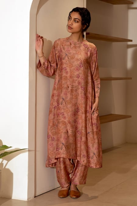 Dot Floral Printed Cotton Silk Kurta Set 