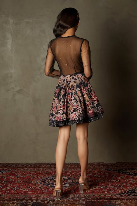 Shop RI.Ritu Kumar Black Flat Dupion Embroidered Floral/tropical V Neck Adenia Floral Dress at Aza Fashions Shop_RI.Ritu Kumar_Black Flat Dupion Embroidered Floral/tropical V Neck Adenia Floral Dress _at_Aza_Fashions