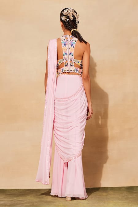 Shop Diyarajvvir Pink Georgette, Tulle Sequins, Beads, Embroidery Sharara Saree With Blouse at Aza Fashions Shop_Diyarajvvir_Pink Georgette, Tulle Sequins, Beads, Embroidery Sharara Saree With Blouse _at_Aza_Fashions