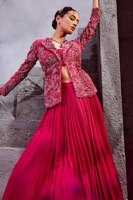 Shop Awigna Magenta Crepe, Organza Sequins, Beads, Nazm Jacket And Pleated Lehenga Set at Aza Fashions Shop_Awigna_Magenta Crepe, Organza Sequins, Beads, Nazm Jacket And Pleated Lehenga Set_at_Aza_Fashions