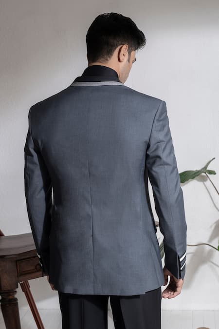 Shop Abkasa Grey Terrycloth Everest Color Block Lapel Coat And Trouser Set at Aza Fashions Shop_Abkasa_Grey Terrycloth Everest Color Block Lapel Coat And Trouser Set _at_Aza_Fashions