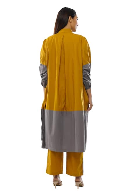 Khat Yellow Poplin, Cotton Mandarin Collar Color Block Dress Pant Set Online at Aza Fashions Khat_Yellow Poplin, Cotton Mandarin Collar Color Block Dress Pant Set _Online_at_Aza_Fashions