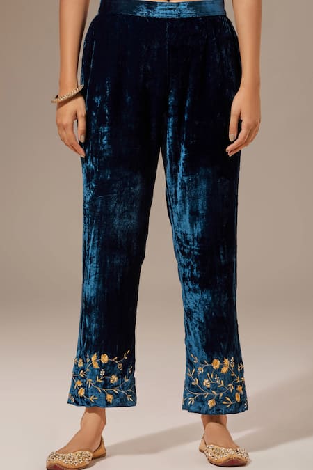 Shop_Anantaa By Roohi_Blue Velvet Floral Embroidered Placed Palazzo Pant _at_Aza_Fashions
