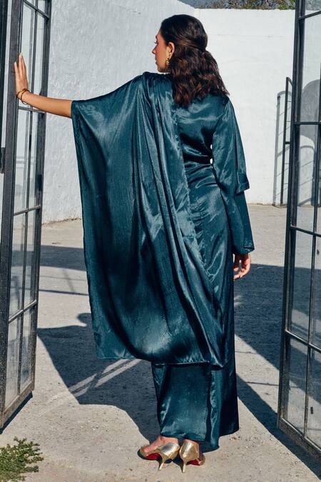 House Of Fett Jade Pleated Draped Gown 