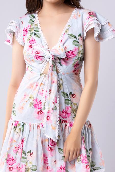 Tangerine Tiger Linen Floral Print Front Bow Tie Up Dress 