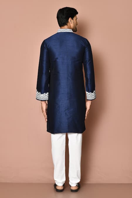 Shop_Arihant Rai Sinha_Navy Dupion, Cotton Embroidery Paisley Kurta Set _at_Aza_Fashions