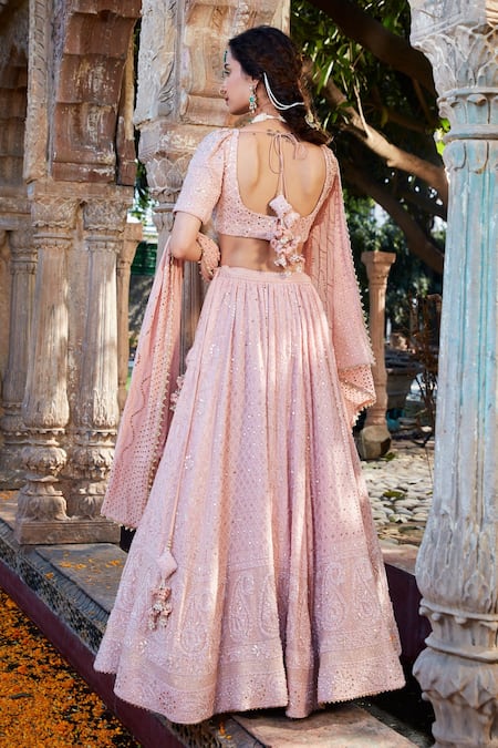 Kritika Dawar_Pink Silk, Georgette, Mukaish Embroidered Bridal Lehenga Set _Online_at_Aza_Fashions