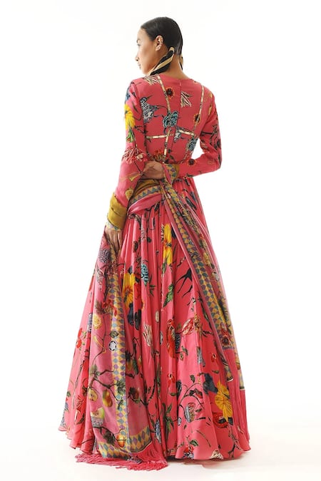 Shop Mahima Mahajan Pink Organza Embroidery, Mirrors, Tassels Florette Print Anarkali With Dupatta at Aza Fashions Shop_Mahima Mahajan_Pink Organza Embroidery, Mirrors, Tassels Florette Print Anarkali With Dupatta _at_Aza_Fashions