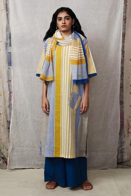 Shop Banana Labs Blue Cotton Stripe Round Printed Kurta Set at Aza Fashions Shop_Banana Labs_Blue Cotton Stripe Round Printed Kurta Set _at_Aza_Fashions