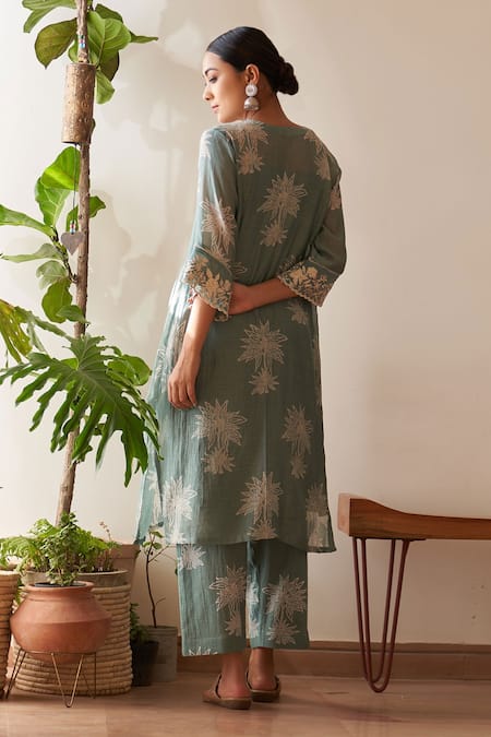 Shop Rekha Agra Blue Handloom , Embroidery V-neck Chanderi A-line Kurta And Pant Set at Aza Fashions Shop_Rekha Agra_Blue Handloom , Embroidery V-neck Chanderi A-line Kurta And Pant Set _at_Aza_Fashions