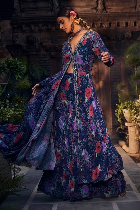 Shop Awigna Blue Crepe Floral, Geometric V Neck Guldasta Printed Anarkali And Palazzo Set at Aza Fashions Shop_Awigna_Blue Crepe Floral, Geometric V Neck Guldasta Printed Anarkali And Palazzo Set_at_Aza_Fashions