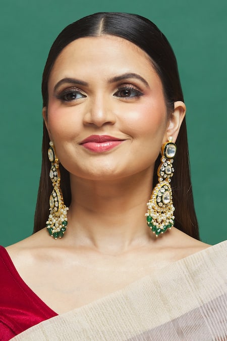Shop Our Purple Studio Gold Plated Metallic Thread, Beads Kundan Embellished Dangler Earrings at Aza Fashions Shop_Our Purple Studio_Gold Plated Metallic Thread, Beads Kundan Embellished Dangler Earrings _at_Aza_Fashions