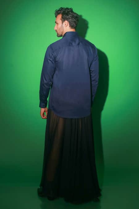 Shop Echke Blue Cotton Contrast Diagonal Panel Shirt at Aza Fashions Shop_Echke_Blue Cotton Contrast Diagonal Panel Shirt _at_Aza_Fashions