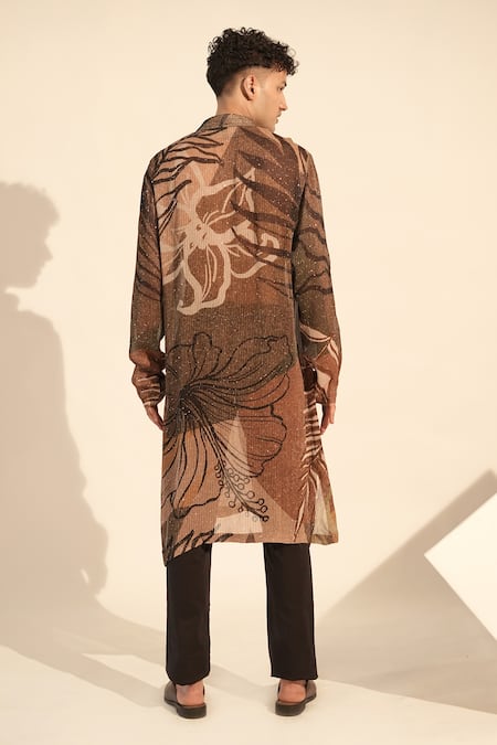 Shop_Nikita Mhaisalkar_Brown Georgette Sequins, Embroidery Floral Bloom Print Kurta _at_Aza_Fashions