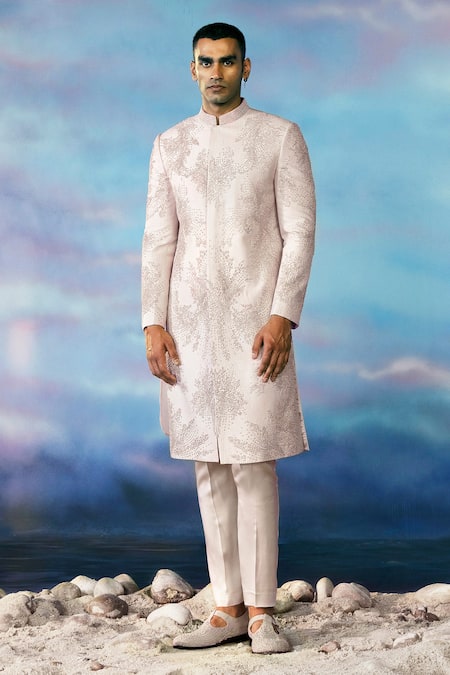 Shop Rohit Gandhi + Rahul Khanna Pink Viscose, Silk, Cordelier Floral Embellished Sherwani Set at Aza Fashions Shop_Rohit Gandhi + Rahul Khanna_Pink Viscose, Silk, Cordelier Floral Embellished Sherwani Set _at_Aza_Fashions