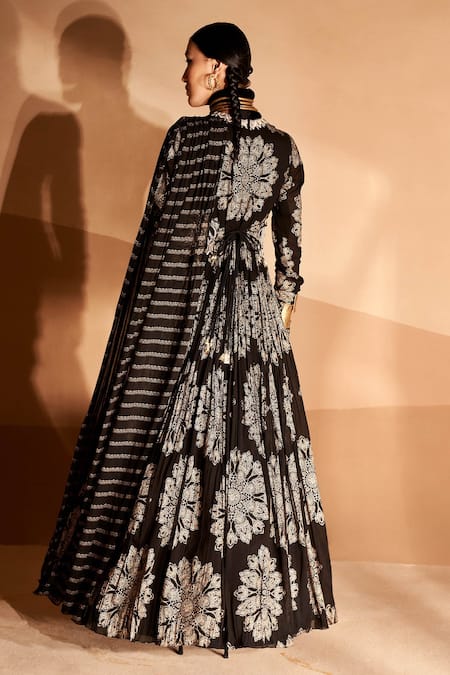 Shop Bhumika Sharma Black Georgette Embroidery, Beads, Zari, Pearls Tara Print Anarkali With Belt at Aza Fashions Shop_Bhumika Sharma_Black Georgette Embroidery, Beads, Zari, Pearls Tara Print Anarkali With Belt _at_Aza_Fashions