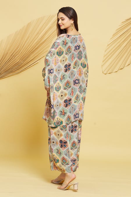 Shop Rajat K Tangri Multi Color Crepe Boat Neck Mughal Jaal Pattern Kaftan Tunic And Pant Set at Aza Fashions Shop_Rajat K Tangri_Multi Color Crepe Boat Neck Mughal Jaal Pattern Kaftan Tunic And Pant Set _at_Aza_Fashions