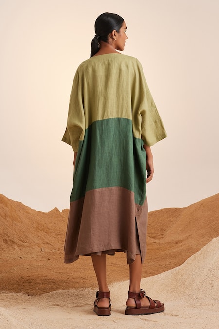 Shop_Cord_Green Linen V-neck Freya Color Block Cape With Dress _at_Aza_Fashions