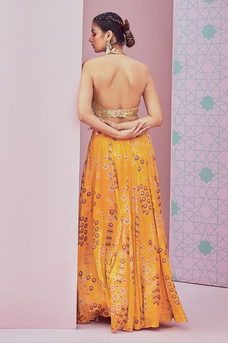 Shop_Krisha Sunny Ramani_Yellow Halter Neck Panelled Lehenga With Sequin Embellished Blouse _at_Aza_Fashions