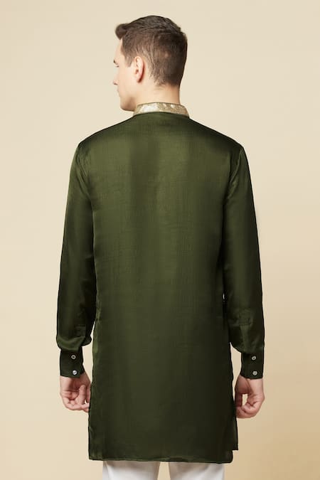 Shop_SPRING BREAK_Green Cotton, Polyester Embroidery Placket Kurta _at_Aza_Fashions