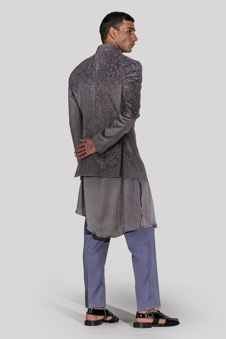 Shop_Asuka_Grey Suede Embroidery Geometric Pattern Bandhgala Set _at_Aza_Fashions