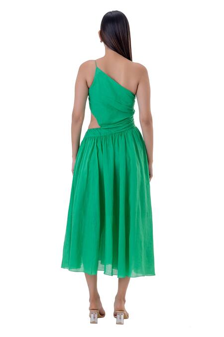 Shop Gaya Green Cotton Satin Solid One Shoulder Midi Dress at Aza Fashions Shop_Gaya_Green Cotton Satin Solid One Shoulder Midi Dress _at_Aza_Fashions