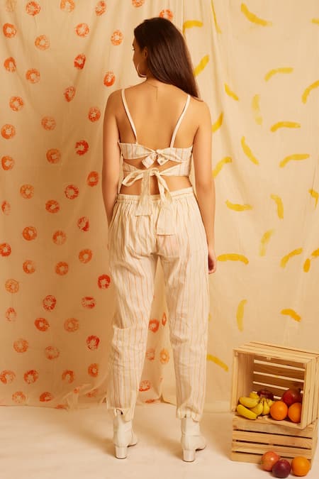 Shop Banana Labs White Cotton V-neck Striped Hand Block Print Pant Set at Aza Fashions Shop_Banana Labs_White Cotton V-neck Striped Hand Block Print Pant Set _at_Aza_Fashions