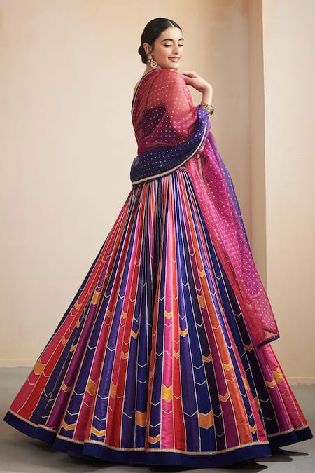 Shop Cedar & Pine Multi Color Dupatta Organza, Lehenga Dupion Gota Work And Gold Foil Panel Set at Aza Fashions Shop_Cedar & Pine_Multi Color Dupatta Organza, Lehenga Dupion Gota Work And Gold Foil Panel Set _at_Aza_Fashions