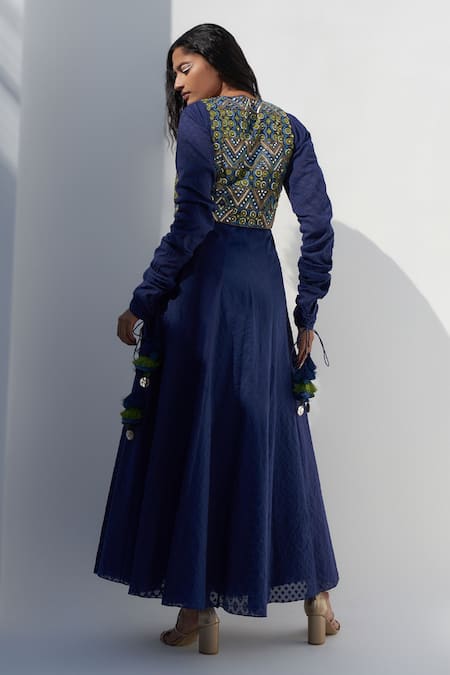 Shop Nadima Saqib Blue Silk Mirrors, Zari, Embroidery Round Neck And Thread Jacket at Aza Fashions Shop_Nadima Saqib_Blue Silk Mirrors, Zari, Embroidery Round Neck And Thread Jacket _at_Aza_Fashions