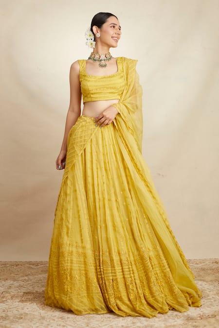 Shop_Astha Narang_Yellow Organza Embroidery Scoop Neck Thread Bridal Lehenga Set _at_Aza_Fashions
