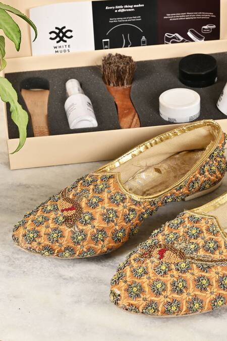Shop_Soniya G_Brown "georgette Bird Embroidered Pointed Toe Juttis _at_Aza_Fashions