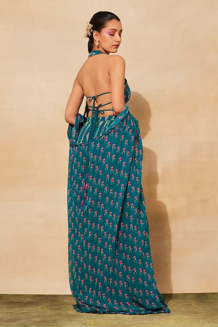 Diyarajvvir_Blue Modal, Georgette, Linen Beads Halter Neck Tulip Print Cape Sharara Set _Online_at_Aza_Fashions