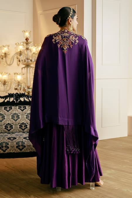 Shop_Nehha Nhata_Purple Chanderi Tassels V-neck Anarkali With Embroidered Cape _at_Aza_Fashions